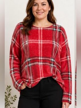 TAHARI Red Plaid Fuzzy Sweater